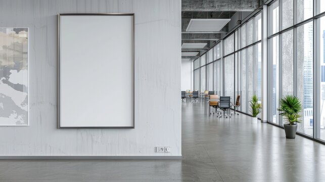 A large white wall with a black border and a white sign. The room is empty with no furniture