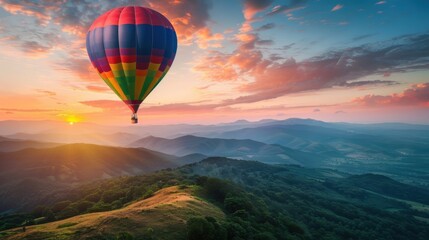 Fototapeta premium A colorful hot air balloon floating above a mountain landscape, sunrise lighting, vibrant colors against the sky 