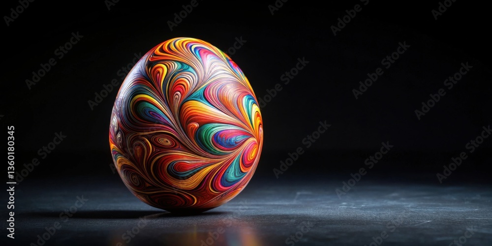 Poster a vibrant, multicolored egg with swirling patterns rests on a dark surface