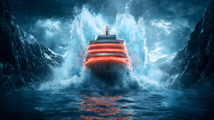 A cruise ship navigates treacherous waters between icy mountains. Illuminated with red glowing lines. A thrilling scene depicting a maritime adventure. 