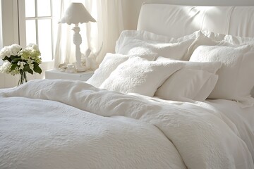 a bed with white sheets and pillows