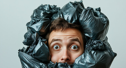 man with surprised expression is surrounded by numerous black trash bags, creating humorous and chaotic scene. bags are piled around his head, emphasizing cluttered and overwhelmed feeling