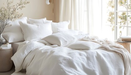 a bed with white sheets and pillows