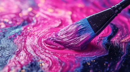 Vibrant paint swirling, artist's brush dipping into a mix of magenta, violet and blue hues, detailed textures and golden sparkles