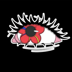Red eye with flower-shaped pupils, psychedelic sticker