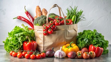 A paper bag overflowing with fresh, vibrant vegetables and herbs, a wholesome collection for a healthy diet