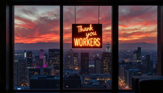 Neon sign "Thank you Workers" against city skyline at sunset - Powered by Adobe