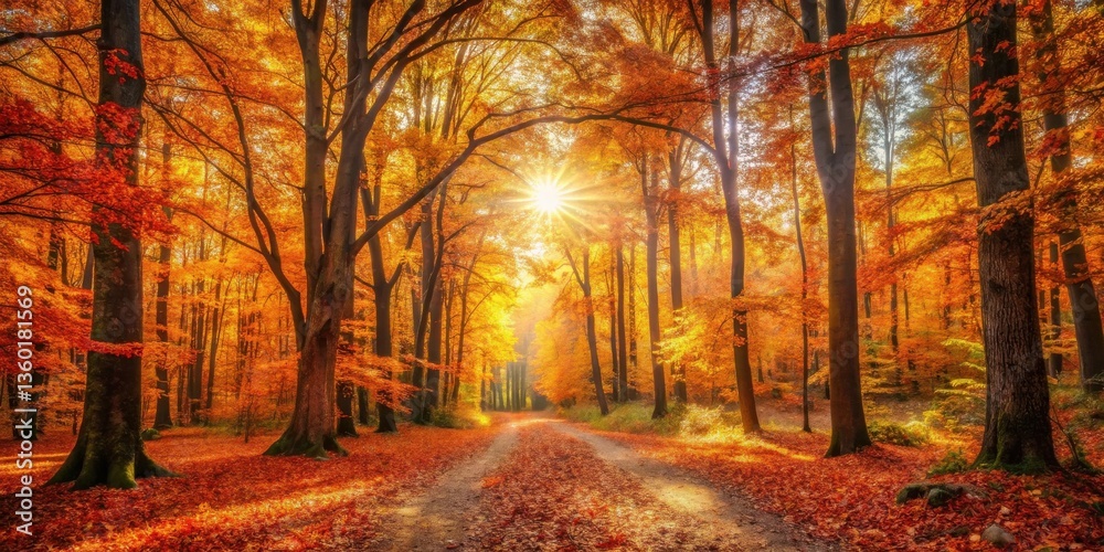 Poster autumnal path through sun-dappled forest with vibrant fall foliage