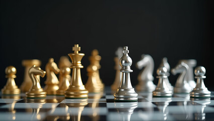 Gold and Silver Chess Pieces on Board: Symbolizing Business Strategies and Leadership in Corporate Settings