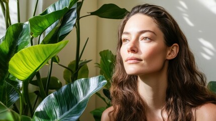 Fototapeta premium Serene woman with long hair in tropical greenery setting