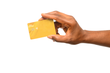 A close-up of a hand holding a gold debit card, showcasing its chip and contactless payment symbol. The background is clean and isolated, emphasizing digital transactions and modern banking technology