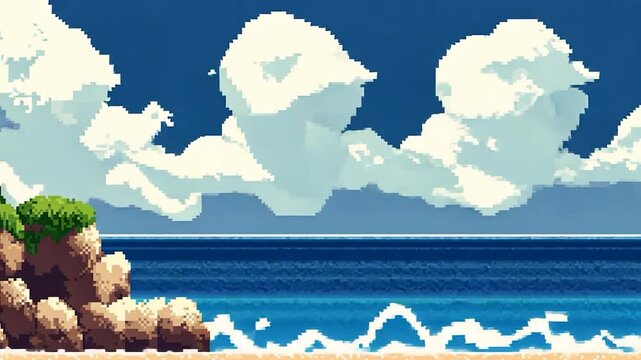 Pixelated Beach Scene with Clouds