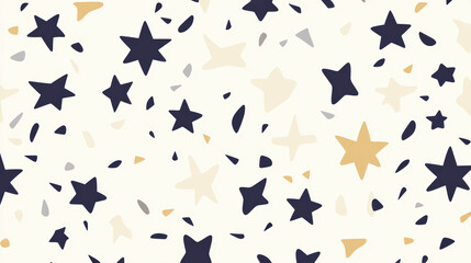 Fototapeta premium Minimal star pattern with scattered celestial shapes in navy blue, gold, and beige on light cream background, creating clean and playful design