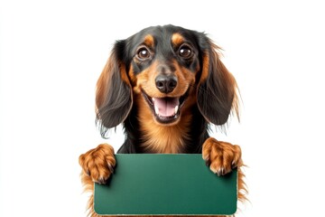 Street sign dog. Ð¡ute adult dog dachshund hold in front paws a prototype - large green drive sign. Sweet pet for campaign. Isolated dog on a solid outfit pure white background. Dog sign moc.
