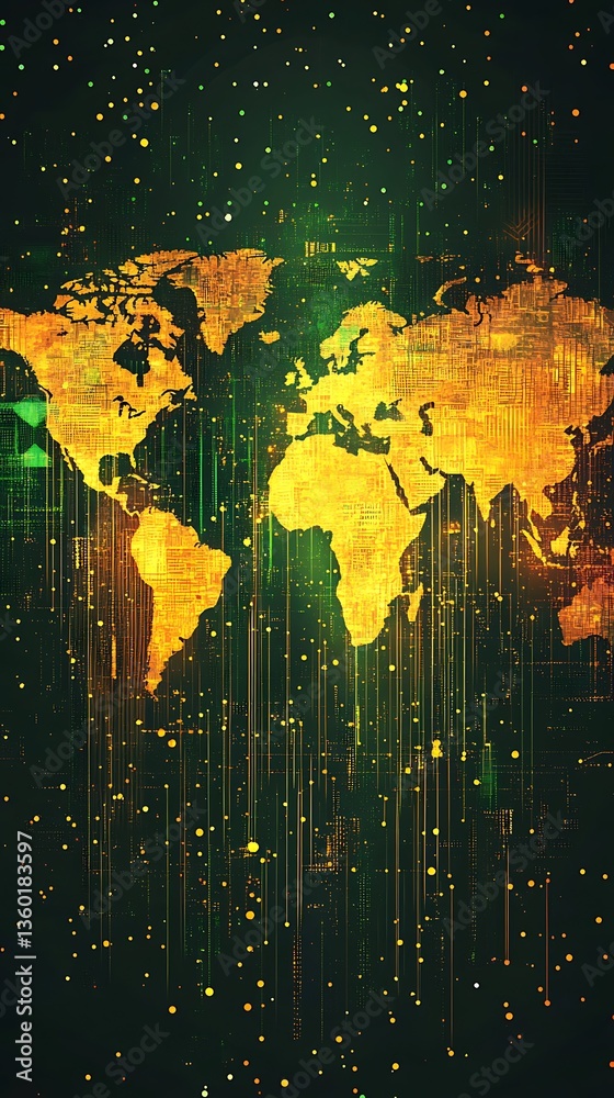 Fototapete global network digital world map abstract art background with golden lines and glowing particles