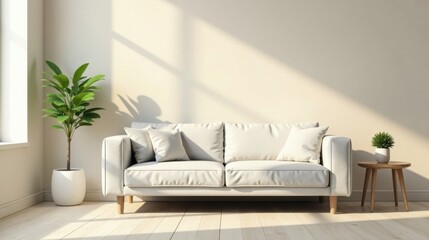 Serene Living Room Interior Design with Light Beige Walls, Soft White Sofa and Natural Light