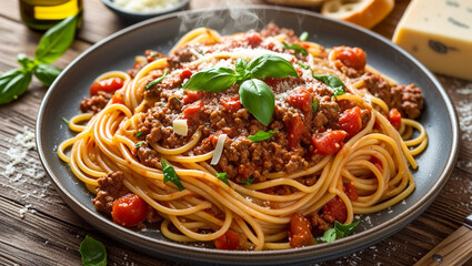 Spaghetti bolognese sprinkled with freshly grated parmesan cheese and a few basil leaves on a plate on a wooden table.