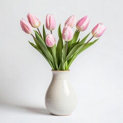 Obraz premium Elegant pink tulips in a ceramic vase indoor floral arrangement minimalist home decor soft natural light