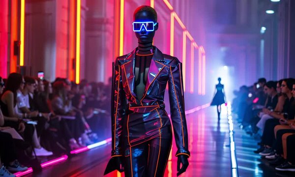 Fashionable models showcase futuristic designs during a lively runway event with dynamic lighting and vibrant colors
