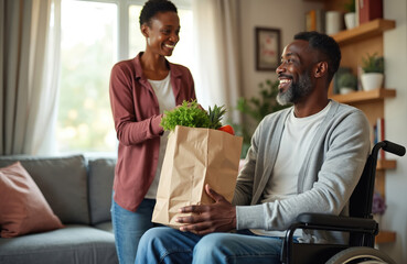 Happy African American man in wheelchair receives grocery delivery from caregiver. Woman gives food bag at home. Senior disabled person, healthy nutrition, assistance, support, social services, home