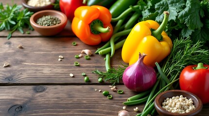 Bell Peppers, Onions, and Fresh Greens on Rustic Kitchen Table