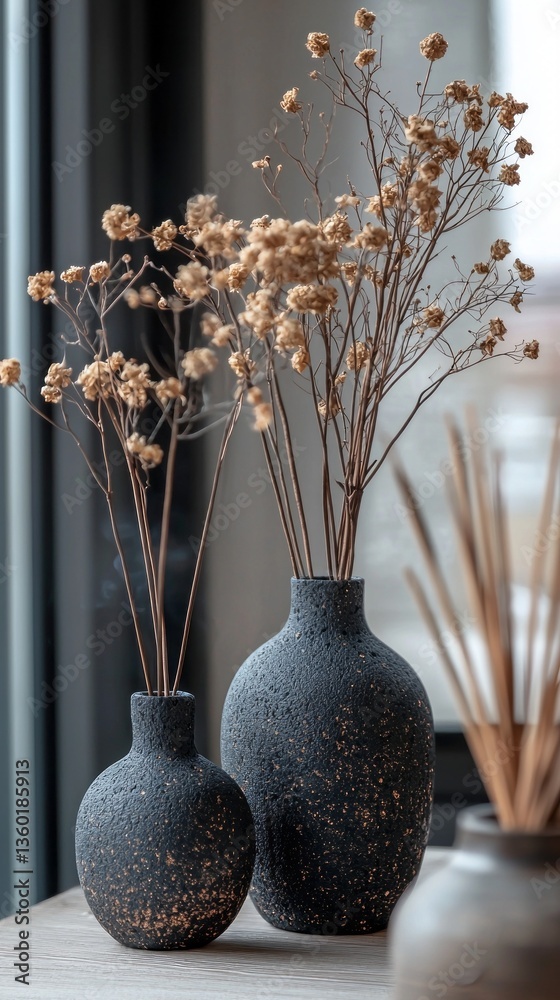 Poster two stylish, textured vases hold delicate dried flowers, elegantly displayed on a contemporary table