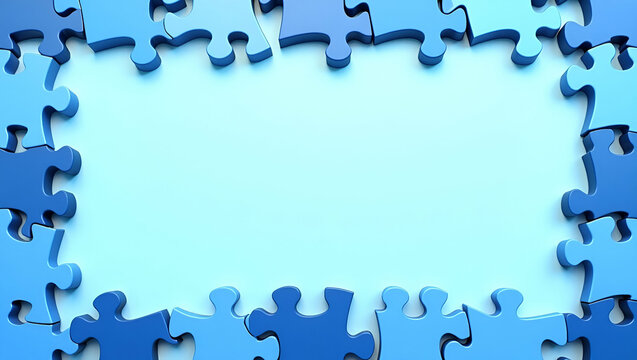 Blue puzzle pieces and globe border with copy space for World Autism Awareness Day concept as Border with blue puzzle pieces and globe icons providing space for autism awareness messages in Photo Sto