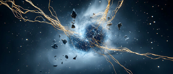 A cosmic scene showing a nebula-like sphere with glowing pathways. Asteroids float amidst stars. Perfect for space themed visualizations or digital art backgrounds.