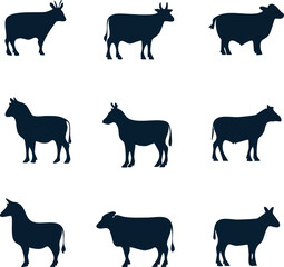 Silhouettes of Cows, Bulls and Horses in Various Poses