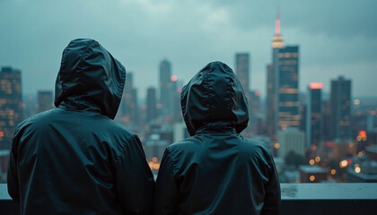 Two people admiring city skyline in rainy weather  