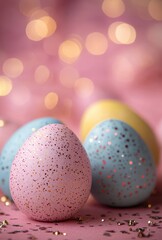 Fototapeta premium Pastel Easter Eggs on Pink Background with Glitter and Soft Bokeh Lights for Spring Celebration and Festive Decorations
