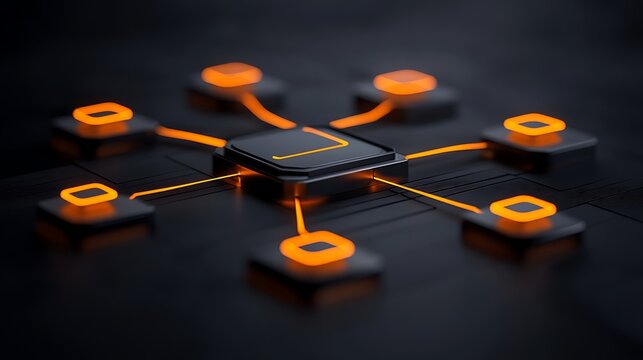Futuristic electronic components connected with glowing orange communication lines - Powered by Adobe