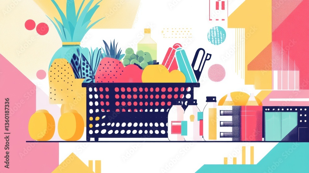 Aufkleber Stylish abstract depiction of grocery shopping with geometric shapes and vibrant colors showcasing a modern approach to food retail Generative AI