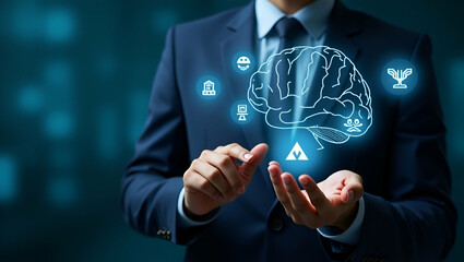 Responsible AI: Businessman Navigates Ethics, Law & Governance Icons