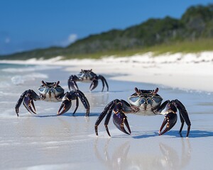 Crabs scuttle beach, ocean background, wildlife, nature