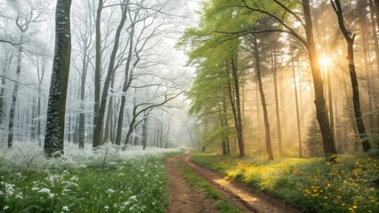 Obraz premium Transition from winter to summer in a tranquil forest setting at dawn