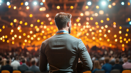 Obraz premium confident speaker addressing large audience in brightly lit conference hall, with warm ambient lighting and professional atmosphere