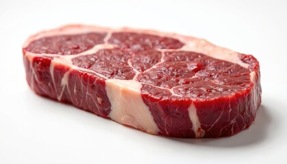 Fototapeta premium Close-up photo juicy raw T-bone steak on white background. Fresh red beef cutlet with fat, bone. Culinary concept, ingredient for dinner cooking, butcher shop.