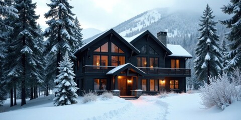Fototapeta premium Secluded Winter Chalet Nestled Amongst Snow-Covered Evergreens, Illuminated By Warm Interior Lights, Offering A Serene Mountain Escape