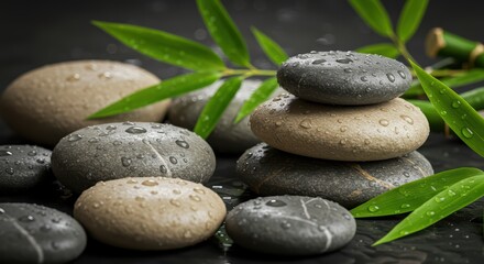 Fototapeta premium Zen Stones Stack and Bamboo with Water Droplets for Meditation