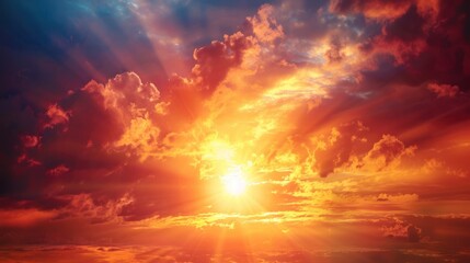 A bright yellow moon is shining through the clouds on a beautiful, warm, and sunny day. The sky is filled with fluffy clouds, and the sun is setting in the distance. The scene is serene and peaceful