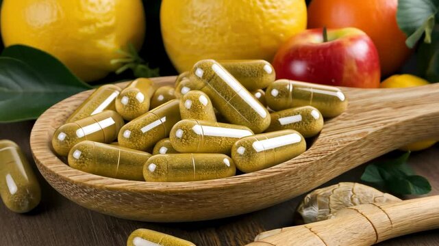 Natural supplements promoting health benefits using herbal ingredients and a variety of fruits displayed in a wooden bowl