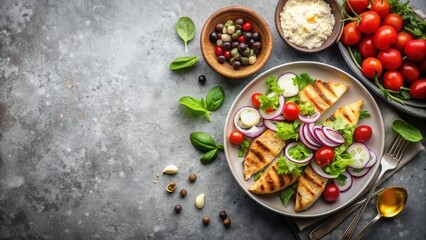 Grilled bread and fresh salad with colorful vegetables and herbs on a textured surface