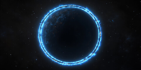 a flat blue planet with a black background, glowing at the edges of its surface. the glow is faint and distant, giving it an otherworldly appearance.