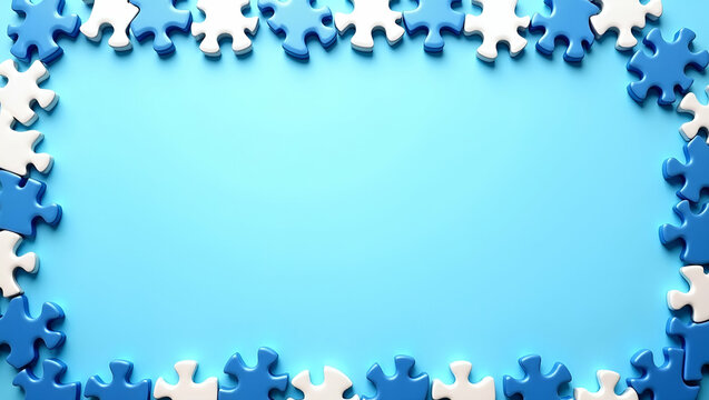 Blue puzzle pieces and globe border with copy space for World Autism Awareness Day concept as Border with blue puzzle pieces and globe icons providing space for autism awareness messages in Photo Sto