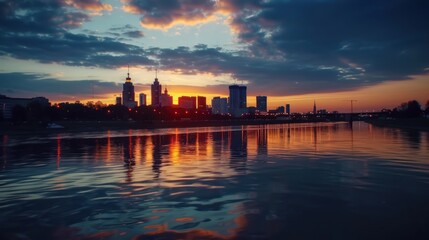 Fototapeta premium A city skyline is reflected in the water at sunset.