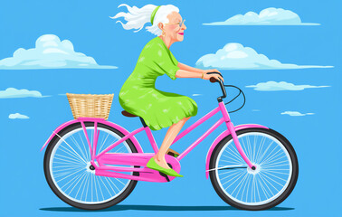 Obraz premium a flat vector illustration of an elderly woman riding her pink bicycle with a basket on the front,