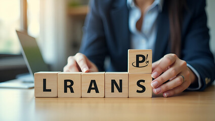 Woman arranging wood blocks with business strategy icons symbolizes planning and actionable goals for workplace success. concept as Depicts the importance of structured planning and goal setting for s