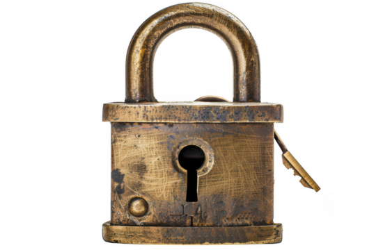 A weathered brass padlock with a key inserted  isolated on transparent background