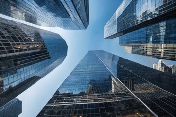 下から見上げた近代的なビル群、シティ, 建築, ビル, 摩天楼, ビジネス, アーバン, 空, オフィス, グラス, タワー, 